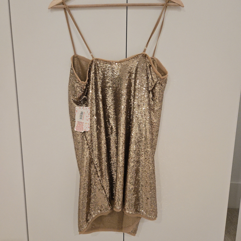 Free People Intimately Gold Sequin Mini Slip Dress Size M NWT - Picture 3 of 6